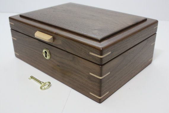 Handmade Locking Black Walnut Wood Box. Valet Box, Keepsake Box, Trinket Box, Secretary Box, Lift Out Tray, Adjustable, Removable Dividers