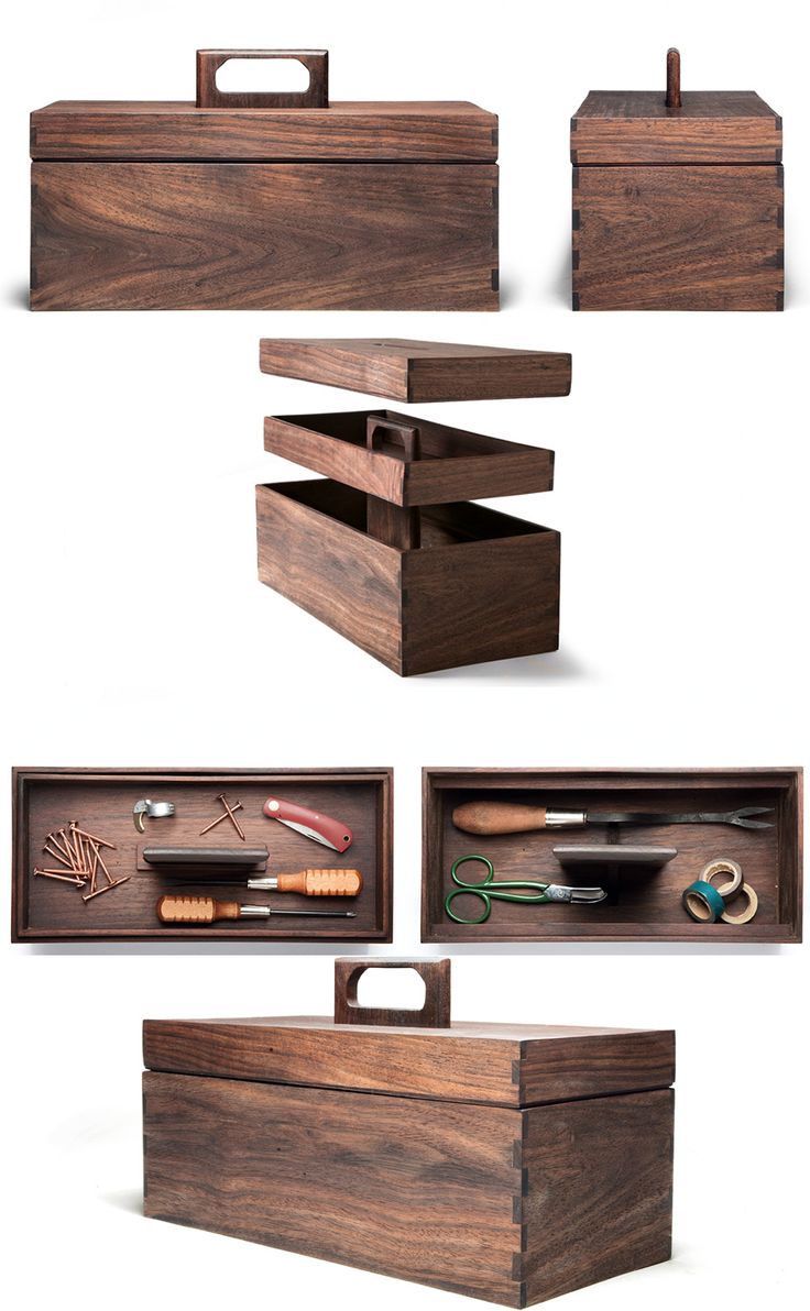 Handmade tool box hewn from Nicaraguan walnut. Interior tray for screws, nails a...