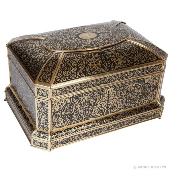 Large Napoleon III Gilt-Bronze and Cut Brass Boulle Marquetry Inlaid Table Box, ...