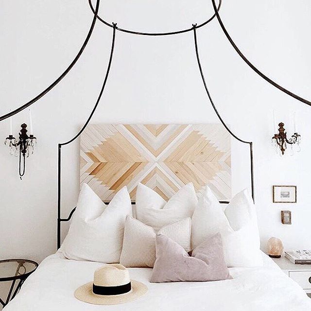 All white bedroom and this wood headboard.  Love the headboard!