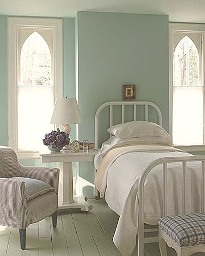 Beautiful cottage bedroom ~~ those windows!  And paint color.  Exquisite!