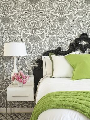 Black, white & green with graphic wallpaper. #bedroom #B&W #green
