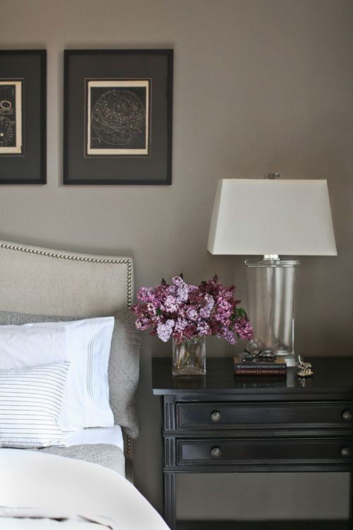 Gray night stand and in a similar tan and white color scheme to my bedroom.