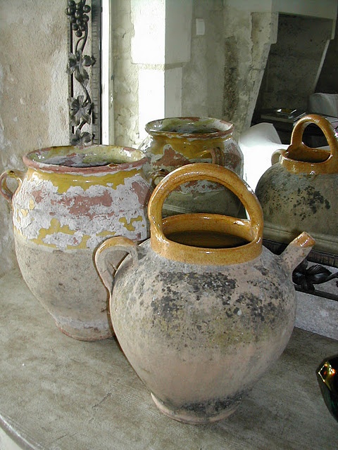 Old french confit pot and wine jug