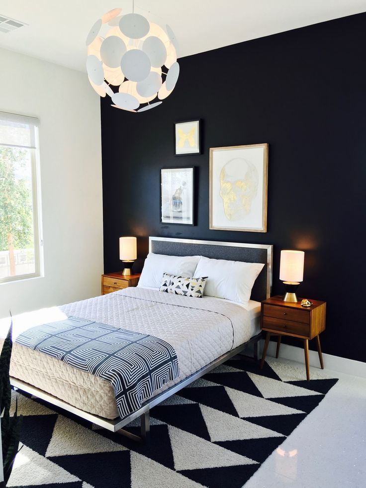 Modern bedroom. Mid-Century Bedroom. Black and White Bedroom. Flor tiles