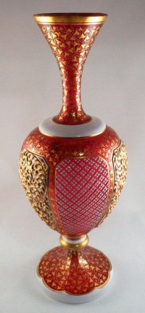 282: Rare Bohemian Cranberry Gilt Glass Vase on