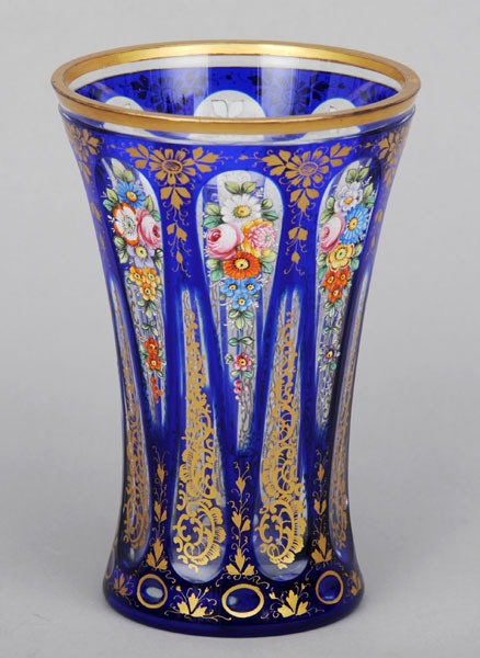 A Bohemian enamel and gilt decorated clear and blue flashed glass vase #glass #b...