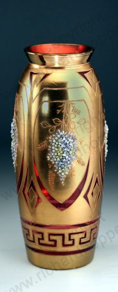 Antique Glass with nature theme. Bohemian gilt over cranberry vase with relief p...