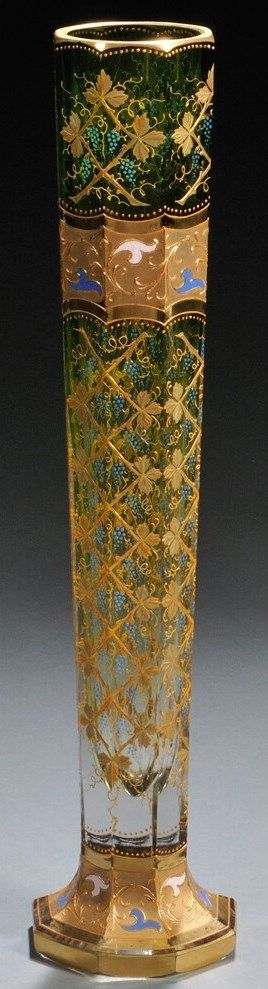 Bohemian Glass; Moser Type, Vase, Octagonal, Foliage & Berries, Green & Gilt, 20...