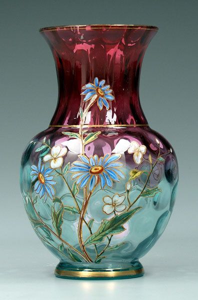 *HARRACH GLASS WORKS ~ Amberina Vase,  thumbprint surface, rich red to pale blue...