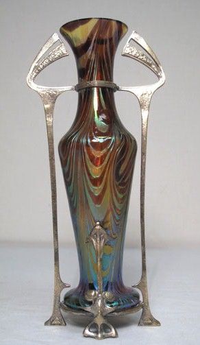Loetz | Antique Art Nouveau Art Glass Vase In Metal Armature.
