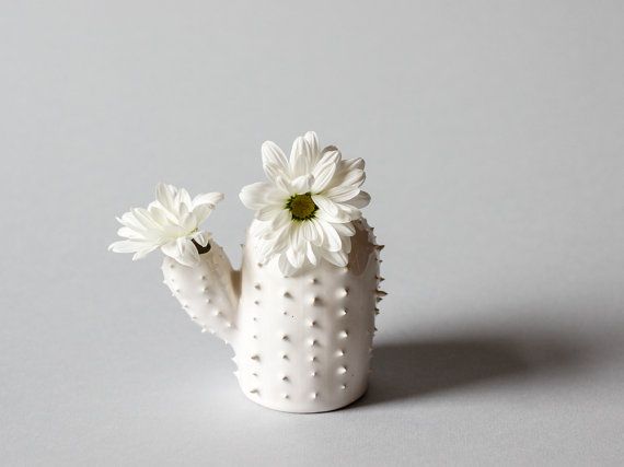 Modern small spiky white vase / cactus shaped succulent vessel / ceramic vase / white / saguaro cactus/ arizona cactus