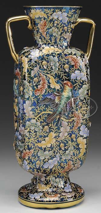 Moser Glass; Vase, Handled, Blown, Oak Leaves & Acorns, Bird & Insect, Blue, 13 ...