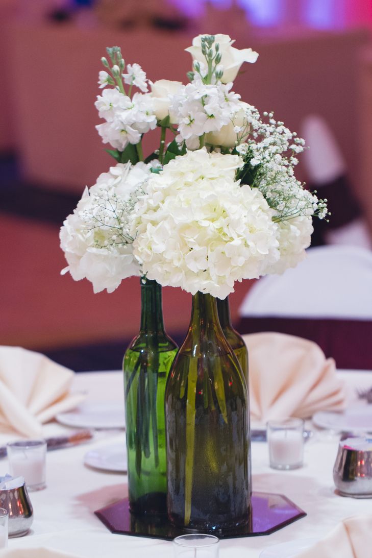 White Hydrangea in Wine Bottle Centerpieces | Horn Photography And Design www.th...