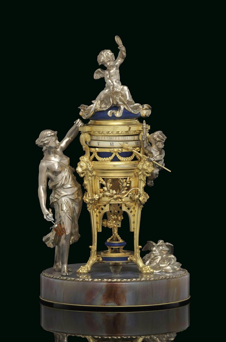 A FRENCH GILT AND SILVERED-BRONZE, JASPER, AND LAPIS LAZULI CLOCK, 'PENDULE A CE...