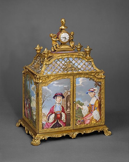 Antique English jewel cabinet with watch, enamels adapted from paintings by Anto...