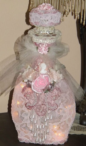 Shabby but Chic Victorian Style Pink Lace Bottle Night Light Cameo Pearls Roses ...