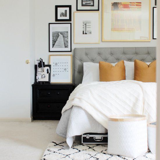 Gray, white, and yellow bedroom.
