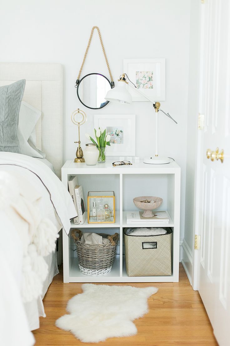 Your bedside table doesn't have to literally be a table—a small shelf is a gre...