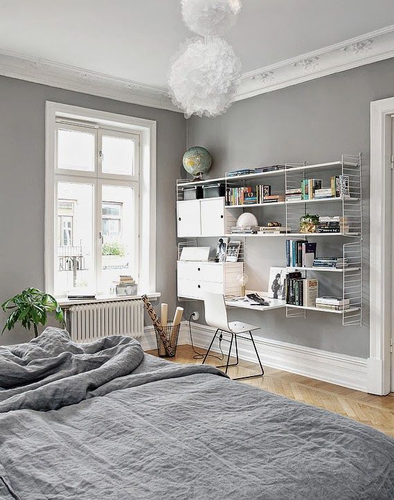 grey walls and String shelving system