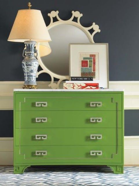 combo of green dresser & navy/white walls