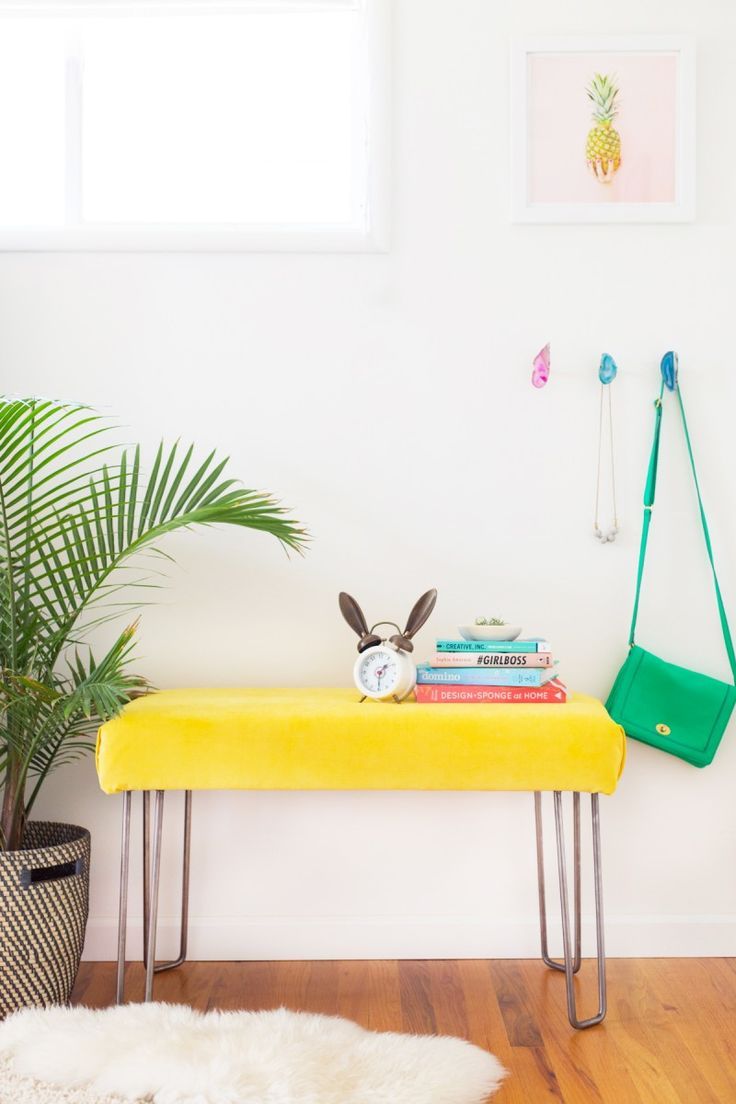 DIY Yellow Velvet + Hairpin Leg Bench » Lovely Indeed