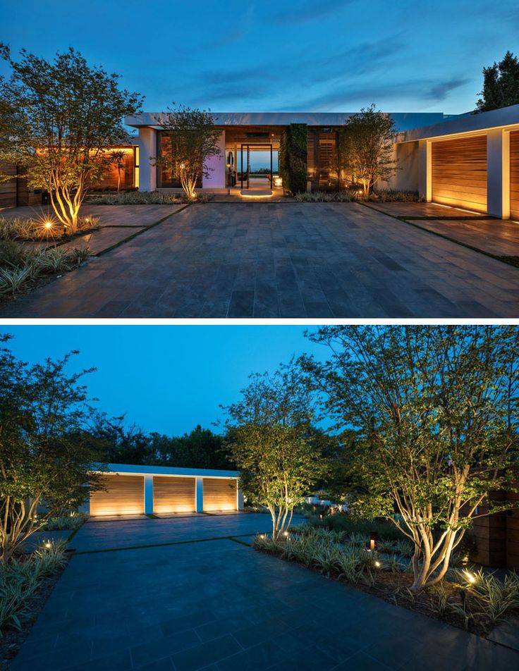 Upon arriving at this modern house, you are greeted by uplighting that highlight...
