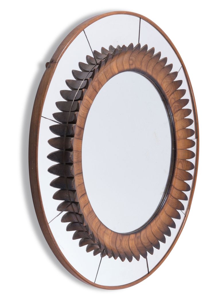 Round mirror in oak and plate  glass poss. by Fontana Arte, Milan, Italy 1950s