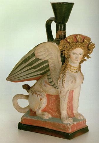 Lekythos (Bottle for oil) in the Form of Sphinx -- Late 5th century BCE -- Greek...