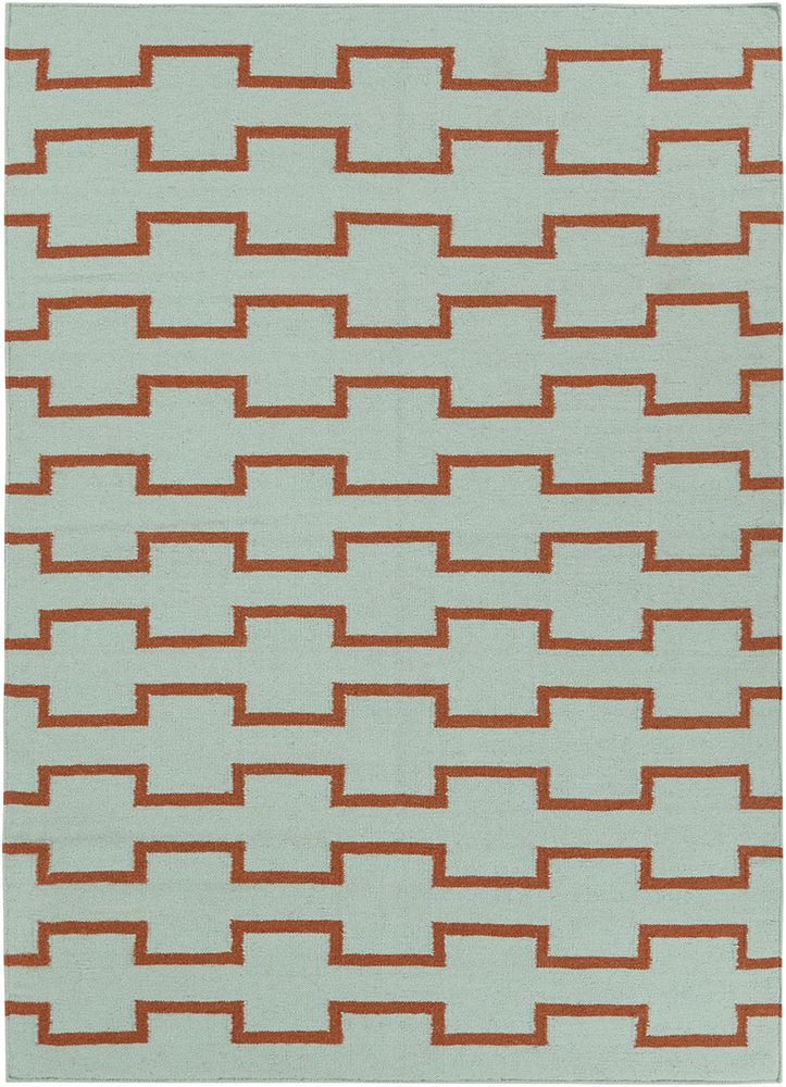 Modernistic interlinking blocks form a sharp, geometric motif across this rug; a...
