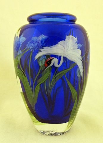 Daniel Salazar - Vase - White Crane with Iris on Cobalt Blue