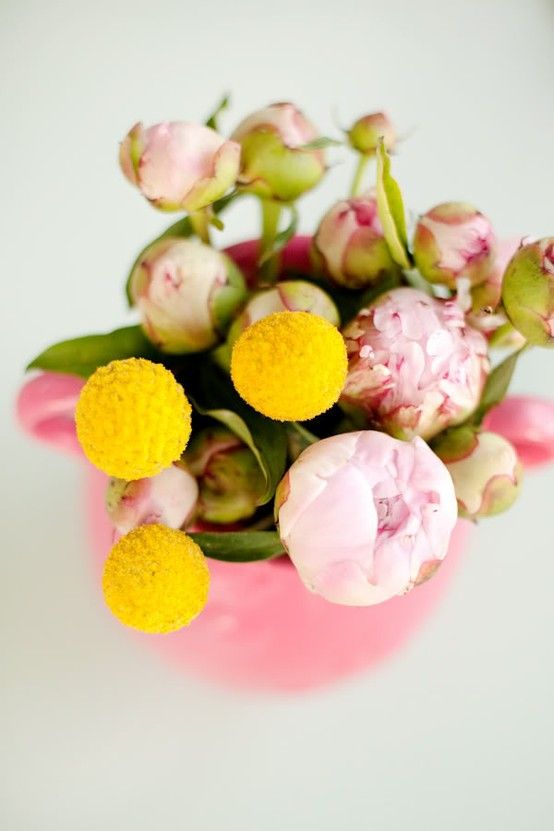 In-bud peonies and bright billy buttons