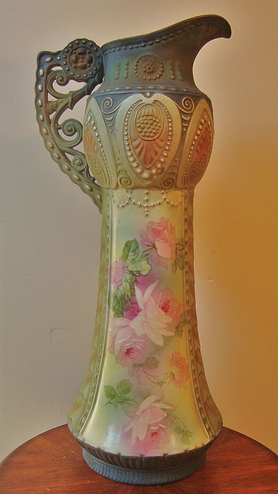 Large Victorian Art Nouveau Cabbage Roses Austrian Vase Cottage Shabby Chic For ...