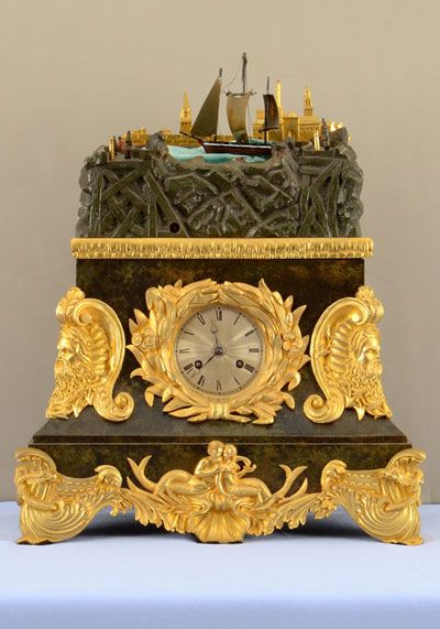 Antique French rare rocking ship automaton clock in gilt and patinated bronze ca...