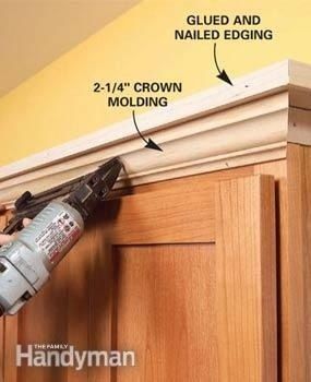 Add molding + shelving to the top of your kitchen cabinets.