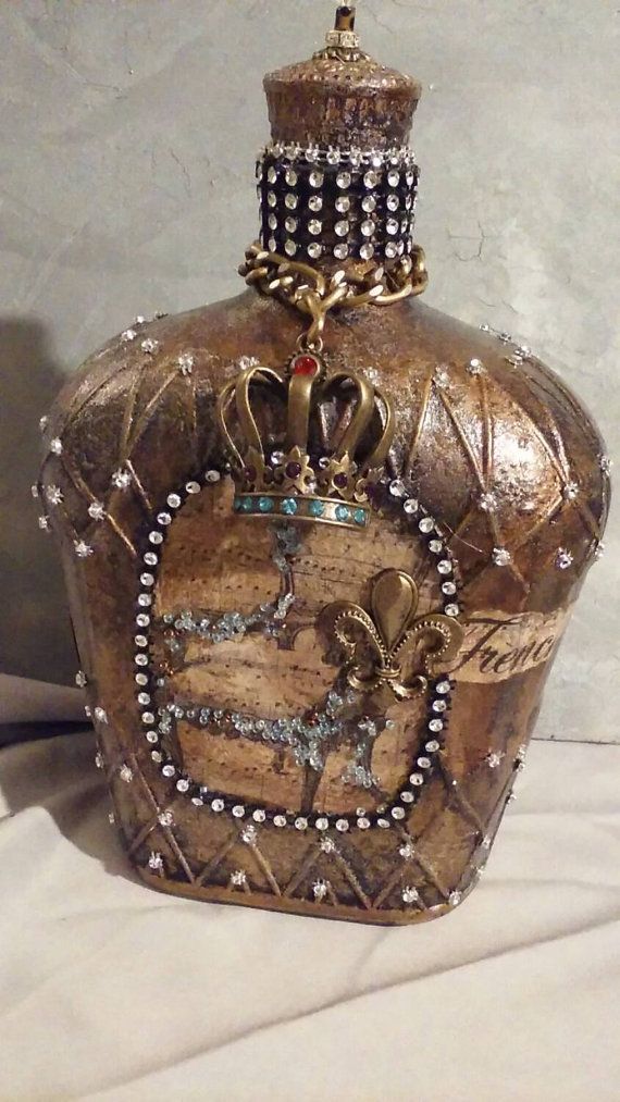 Altered Gold and crystal crown royal bottle