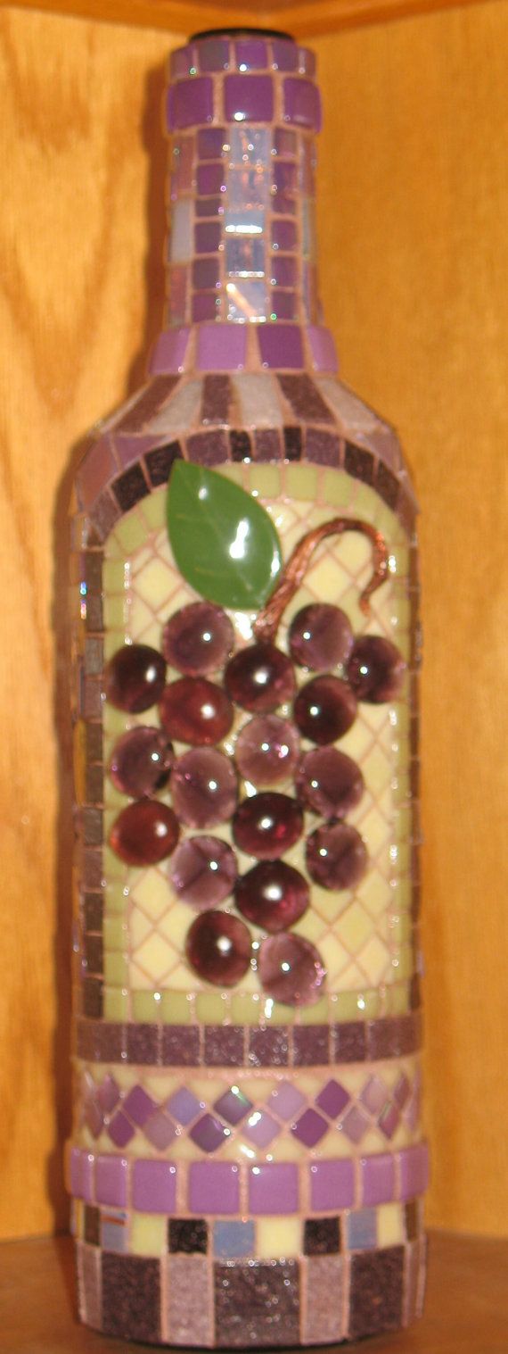 MOSAIC GRAPES WINE Bottle...Purples... Amethyst...Decorative Mosaic Bottle Art, Grapes Motif  #003