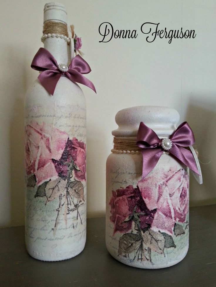 Up-cycled Shabby Chic Wine Bottle and Jar. #decoupage