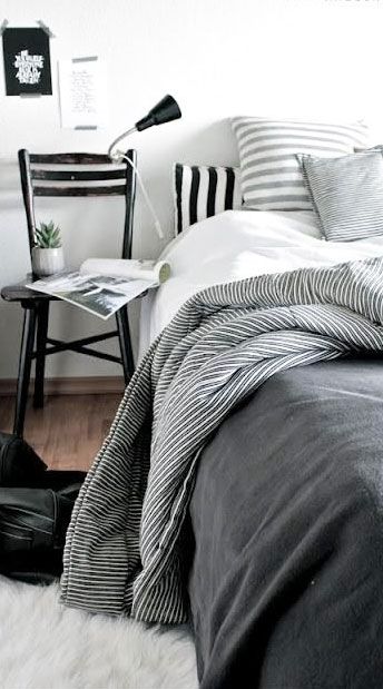 mix stripes: Greys and whites. Two of the most soothing colors for sleeping in m...