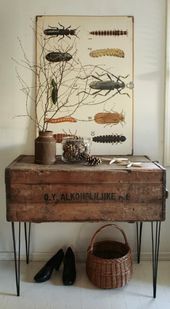 Rustic console made from an old shipping crate and mid century hairpin legs with...