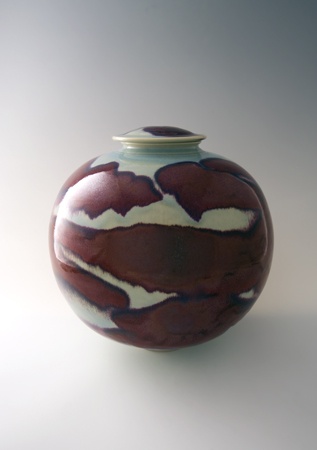 Brother Thomas - Large Globular Vase With Cover, porcelain with copper red and o...