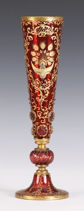 Cranberry Moser Vase with ornate gilded filigree