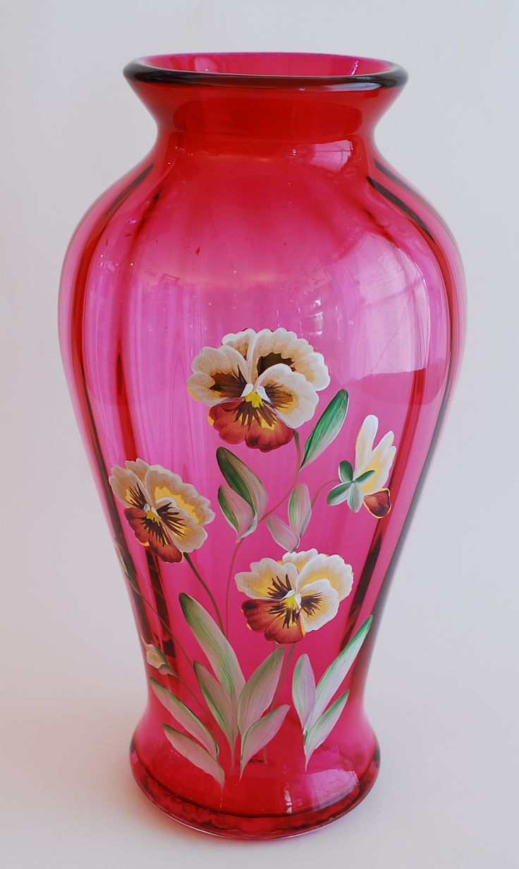 Fenton Pansies cranberry glass vase 1994