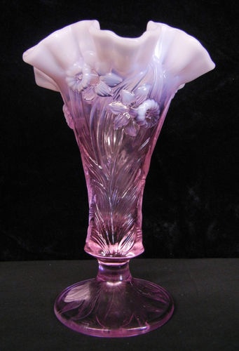 Fenton pink opal daffodil crest vase MIB