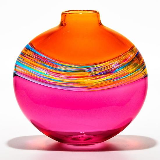 Transparent Flat Banded Vortex Vase in Salmon, Florida, and Cranberry by Michael Trimpol and Monique LaJeunesse (Art Glass Vase) | Artful Home